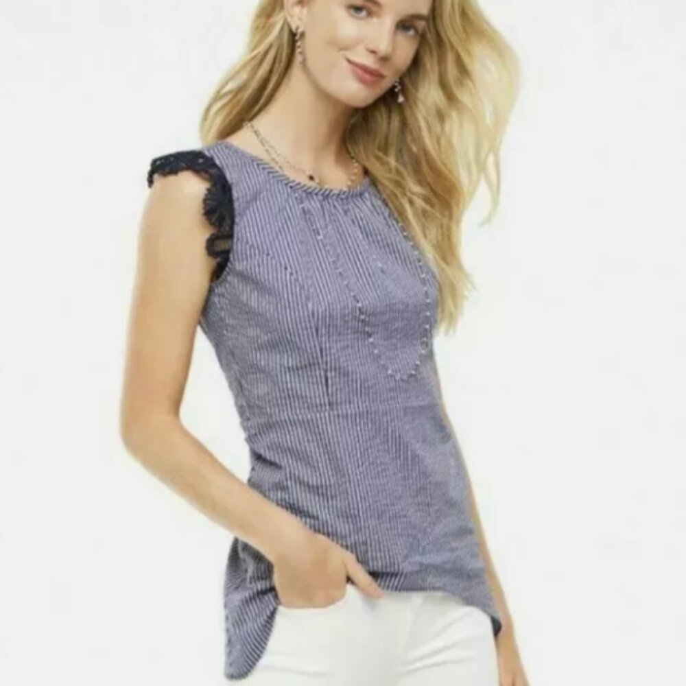 Cabi Women's Lace Flutter Seersucker Sleeveless Top XS Extra Small Tank Shirt